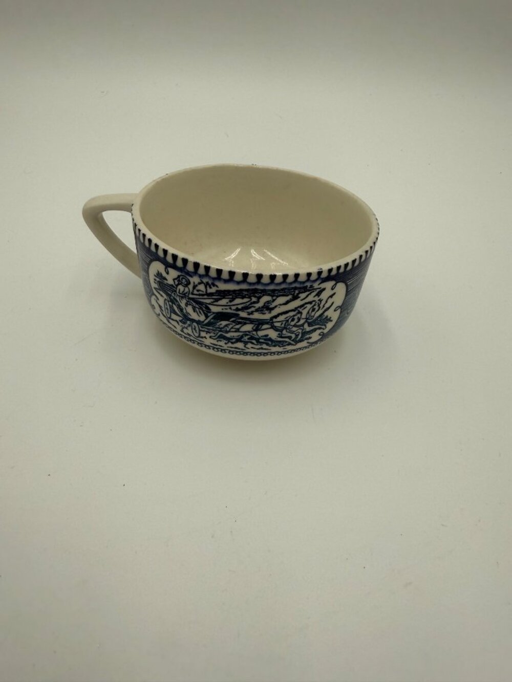 Vintage Currier & Ives Blue White Ceramic Tea cup Coaching Scene